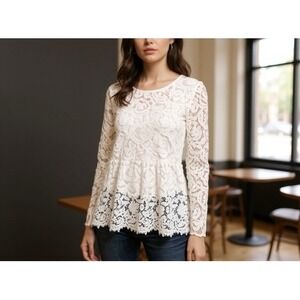 Forever 21 Lace Peplum Long Sleeve Blouse Women's Size Medium White boho fairy